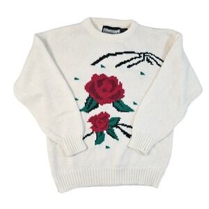 Vintage Bramble Lane Rose Intarsia Knit Sweater Cream Red Floral Crewneck Large